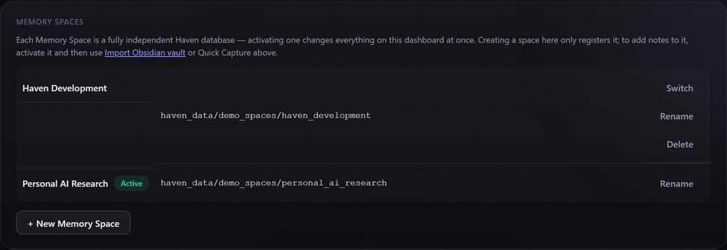 Screenshot of Settings › Memory Spaces on the hosted demo: Haven Development and Personal AI Research spaces, Personal AI Research active, with Switch, Rename, and New Memory Space actions